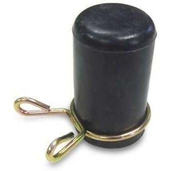 Black rubber drain plug with gold metal retaining clip and wire pin fastener.
