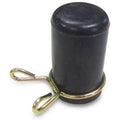 Black rubber drain plug with gold metal retaining clip and wire pin fastener.