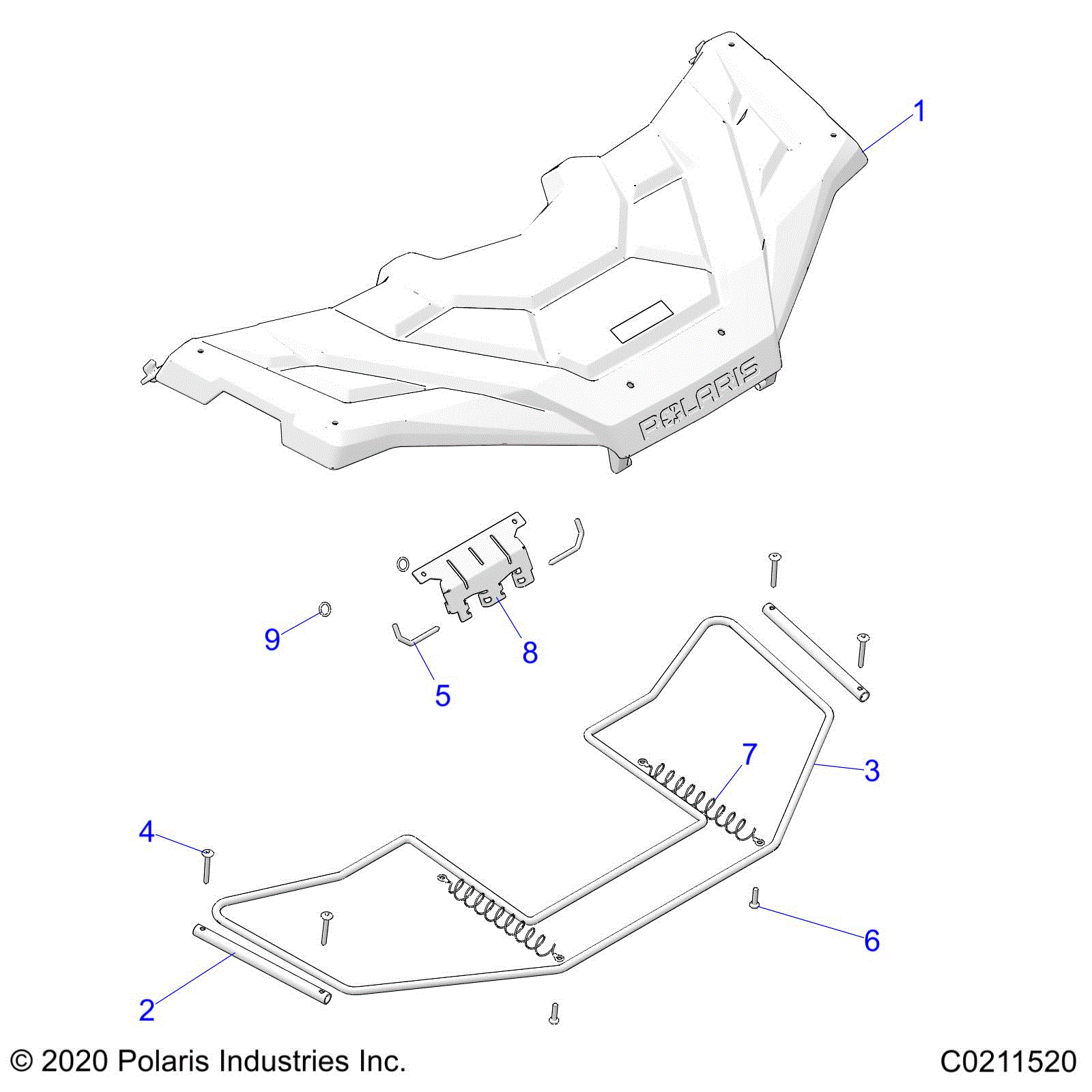 An Image of a Genuine Polaris Parts Schematic Diagram showing the schematic - BODY: FRONT STORAGE COVER - 2021 POLARIS SPORTSMAN 450 HO UTILITY