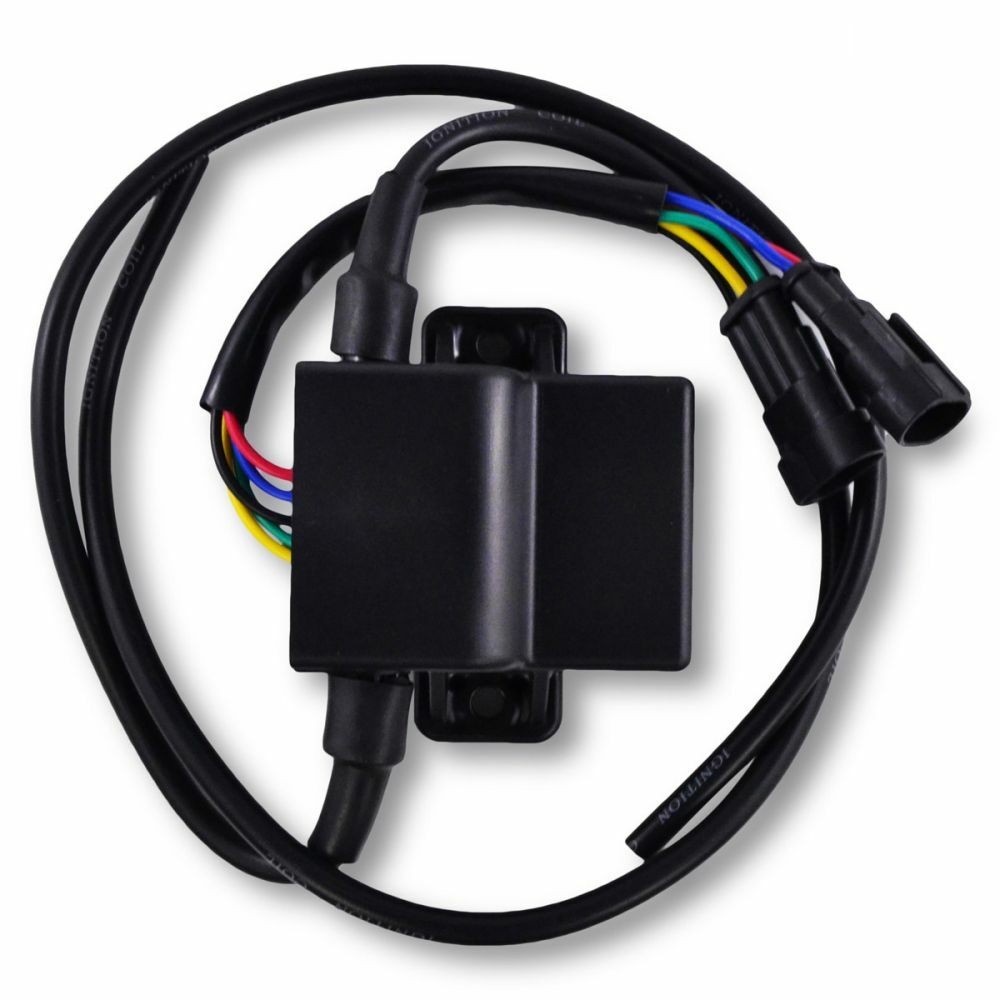 Black rectangular CDI box with mounting bracket and a bundle of multicolored wires ending in two black connectors.