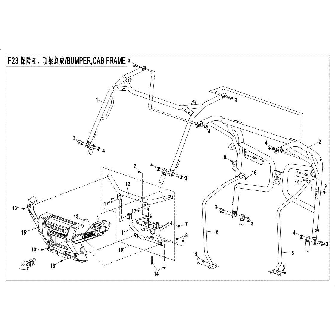 An Image of a Genuine CFMOTO Parts Schematic Diagram showing the schematic - BUMPER - 2017 CFMOTO UFORCE 500