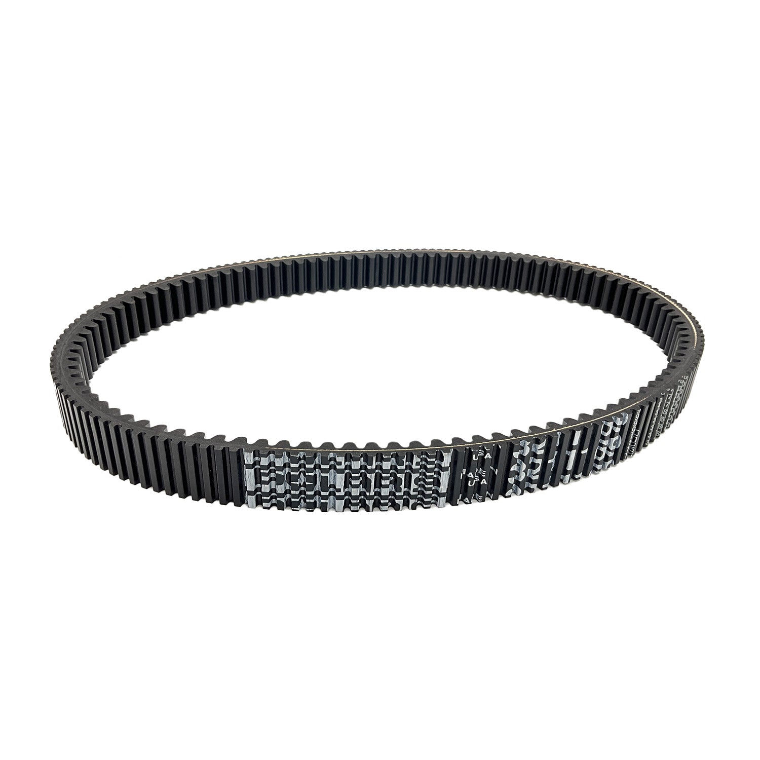 Black rubber drive belt with evenly spaced teeth and printed white text on the outer surface.