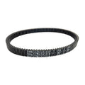 Black rubber drive belt with evenly spaced teeth and printed white text on the outer surface.