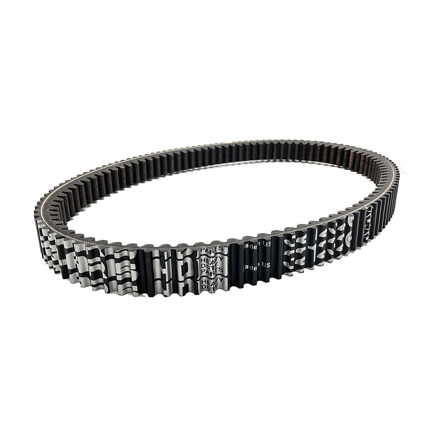 Black heavy-duty toothed drive belt with reinforced textured pattern for Polaris UTV/ATV, oval shape.