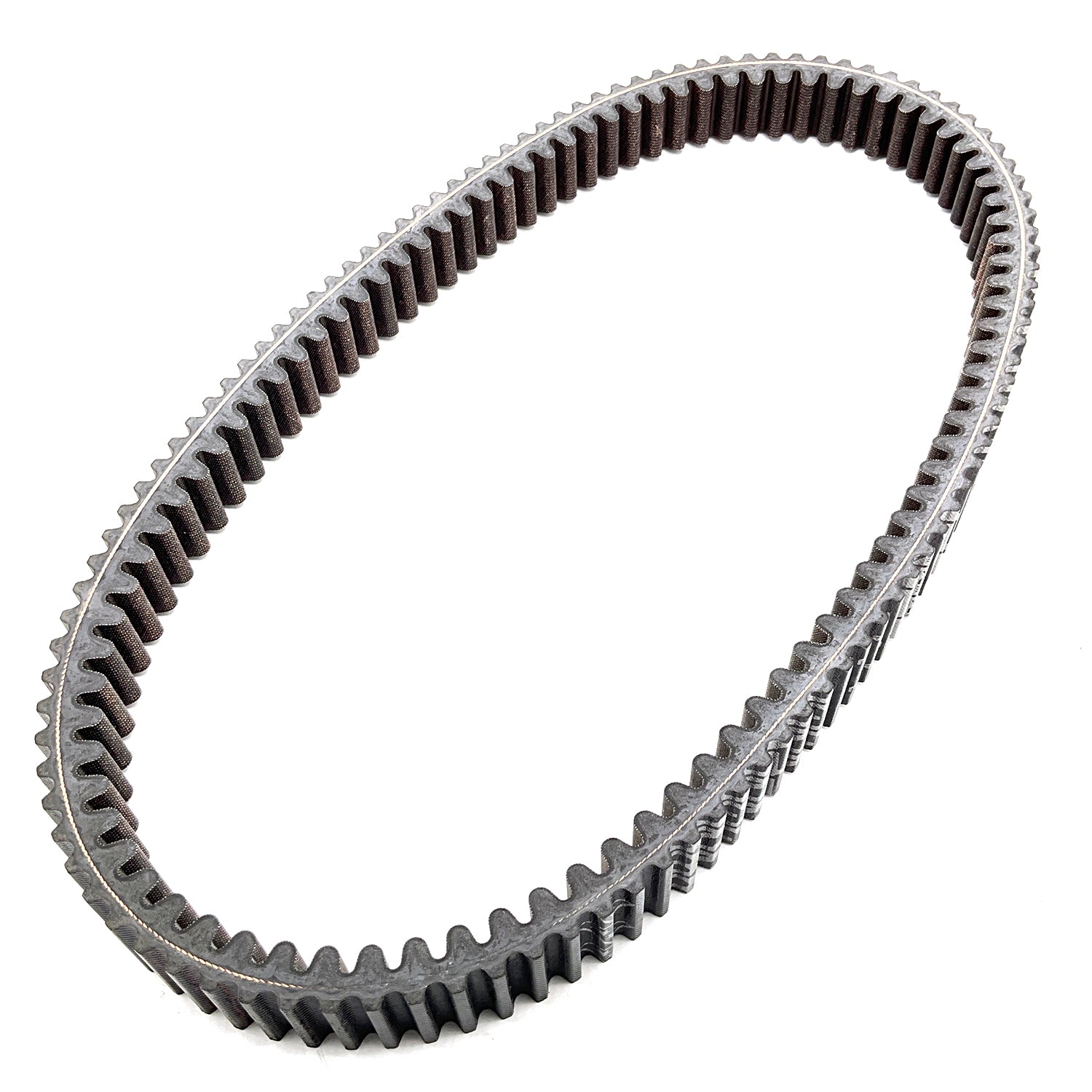 Black heavy-duty toothed drive belt with sturdy rubber construction and inner grooves.