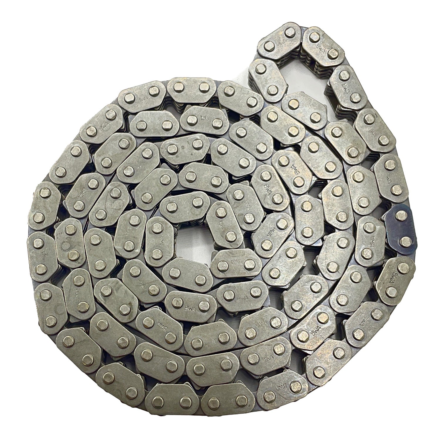 Metal camshaft roller chain with evenly spaced riveted links, coiled in a circular shape.