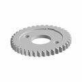 Silver metal camshaft sprocket with evenly spaced teeth and two mounting holes.