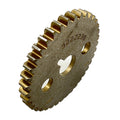 38-tooth brass cam sprocket with central triangular keyhole and two round mounting holes.