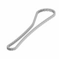 Silver metal camshaft timing chain with interlocking links for engine use.