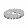 Gray metal sprocket cam drive with evenly spaced teeth and three circular holes.