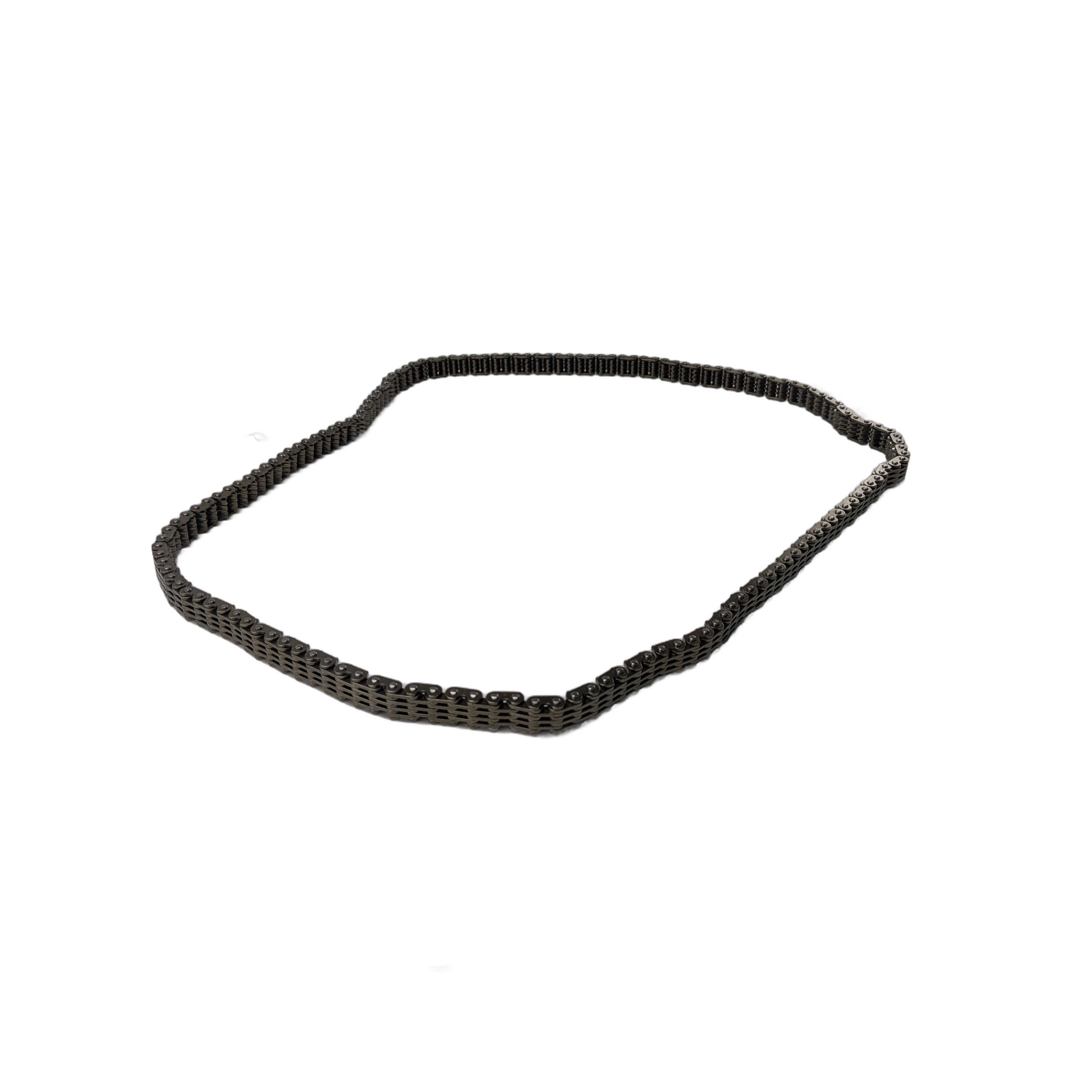 Black metal motorcycle drive chain with uniform rectangular links arranged in a loop.