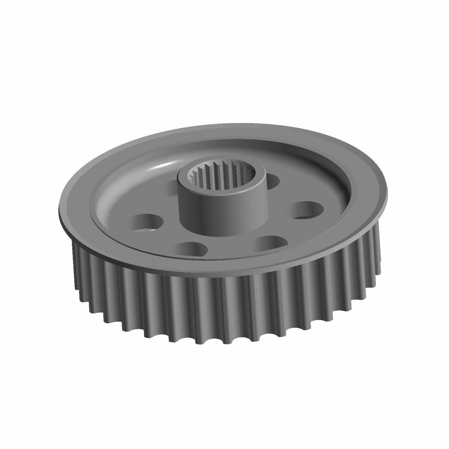 Gray metal sprocket with evenly spaced teeth and central spline hub with circular holes.