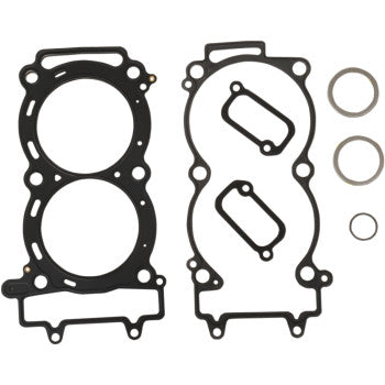 The Polaris Standard Bore Cylinder Gasket Kit by Vertex includes two black high-performance gaskets—one with a rounded cutout, one oval—and three small circular metal rings, all displayed side by side on a white background.