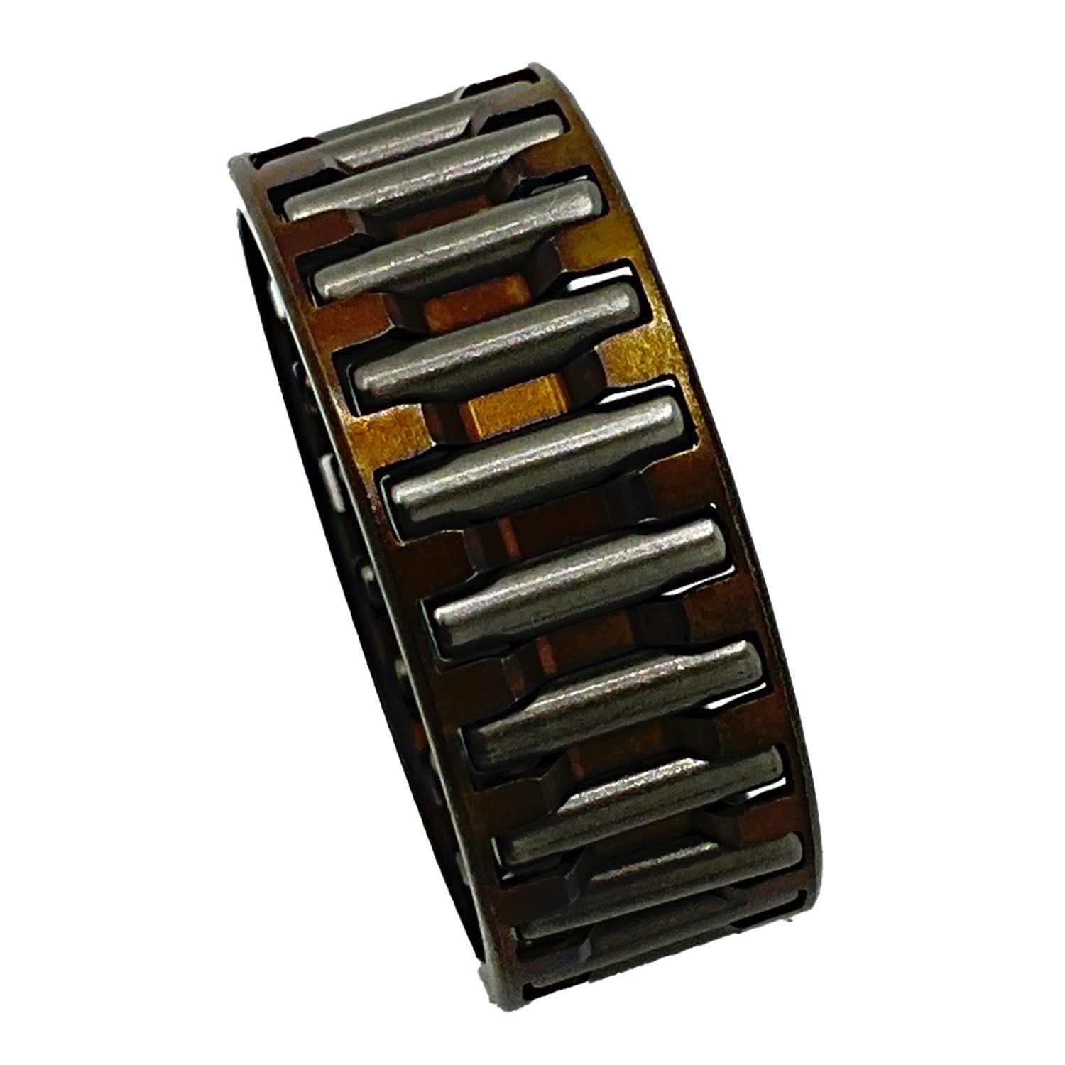 Cylindrical needle bearing with evenly spaced steel rollers inside a dark metal ring.