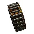 Cylindrical needle bearing with evenly spaced steel rollers inside a dark metal ring.