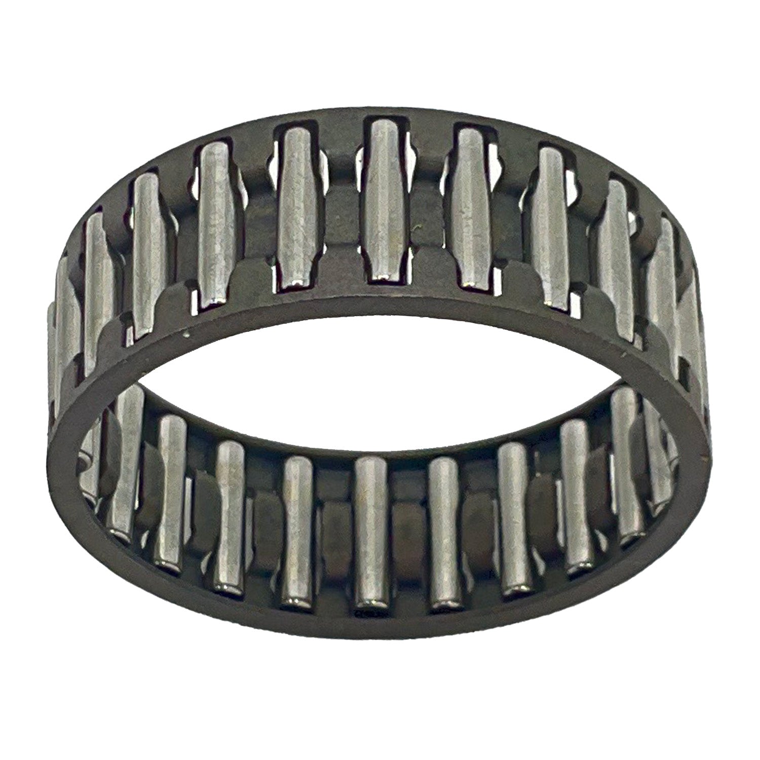 Cylindrical needle bearing with evenly spaced silver metal rollers inside a dark circular cage.