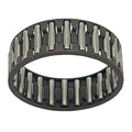 Cylindrical needle bearing with evenly spaced silver metal rollers inside a dark circular cage.