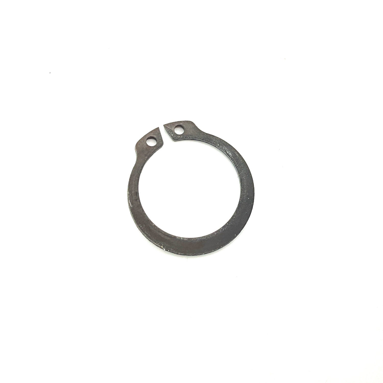 Black metal snap ring with two small holes on its open ends for securing mechanisms.