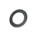 Black metal washer with flat, circular shape and smooth surface.