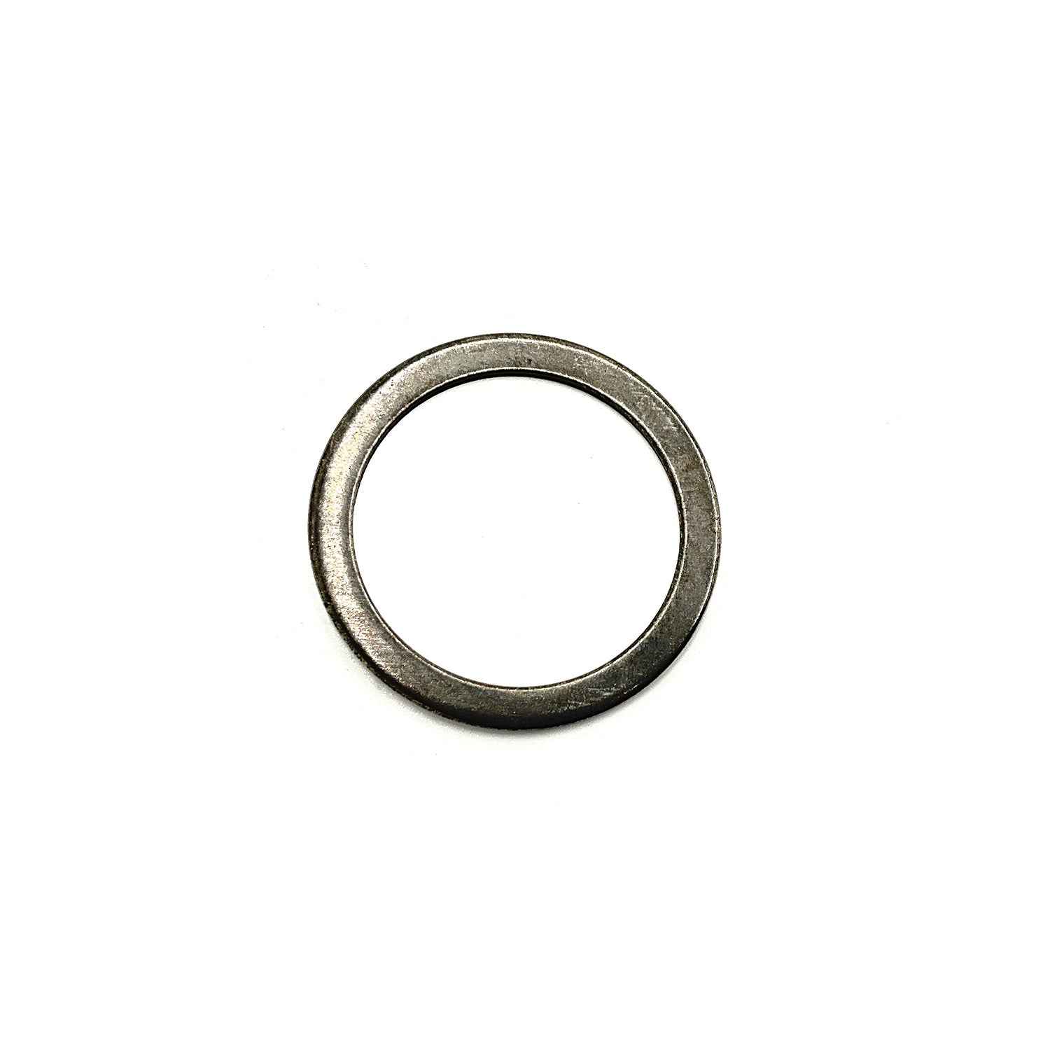 Metallic round thrust washer with smooth flat surface and inner circular hole.
