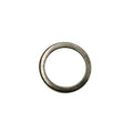 Metallic round thrust washer with smooth flat surface and inner circular hole.