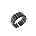 Black cylindrical needle bearing with evenly spaced metal rollers inside molded polymer cage.
