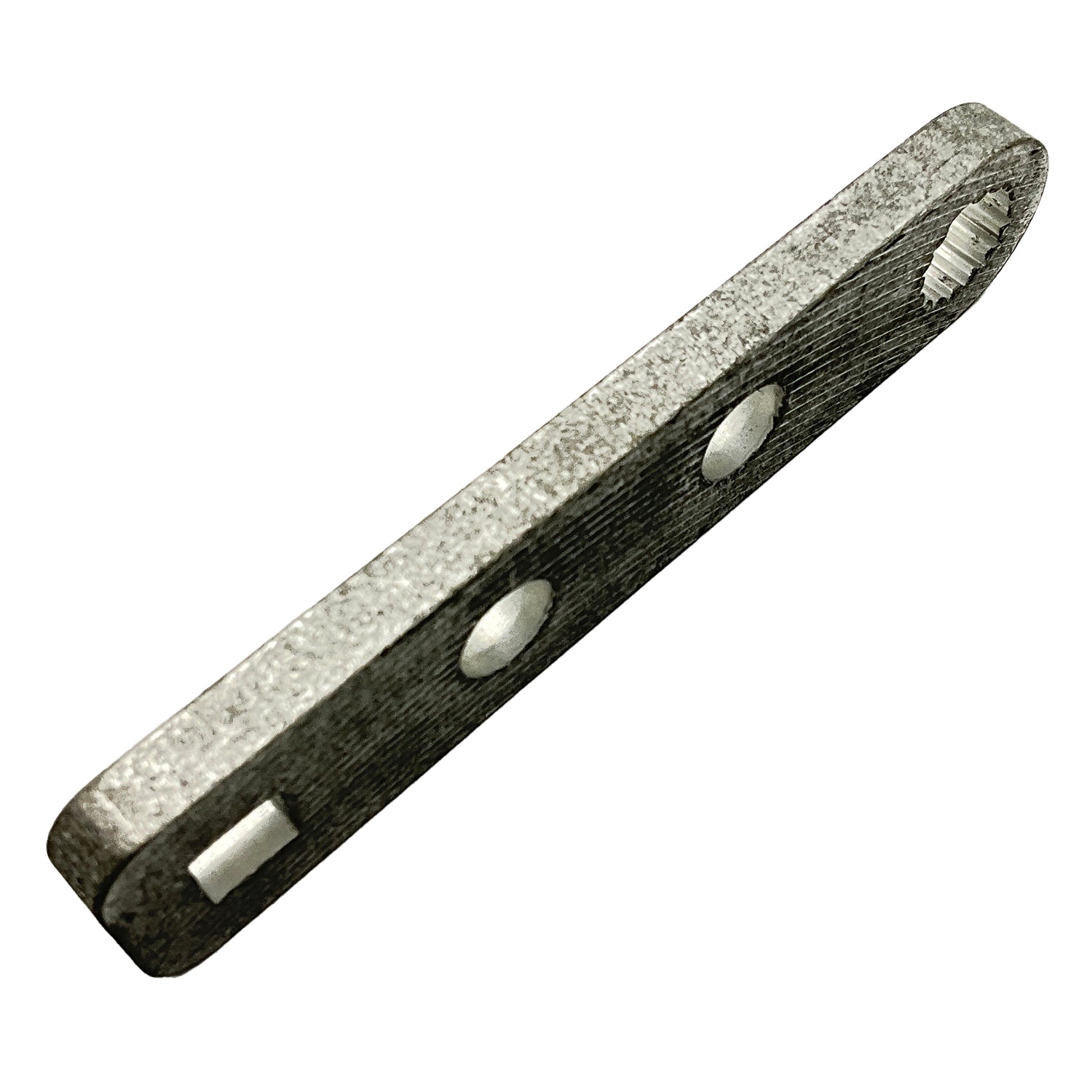 Metal bellcrank arm with three circular holes and a rectangular slot, gray finish.