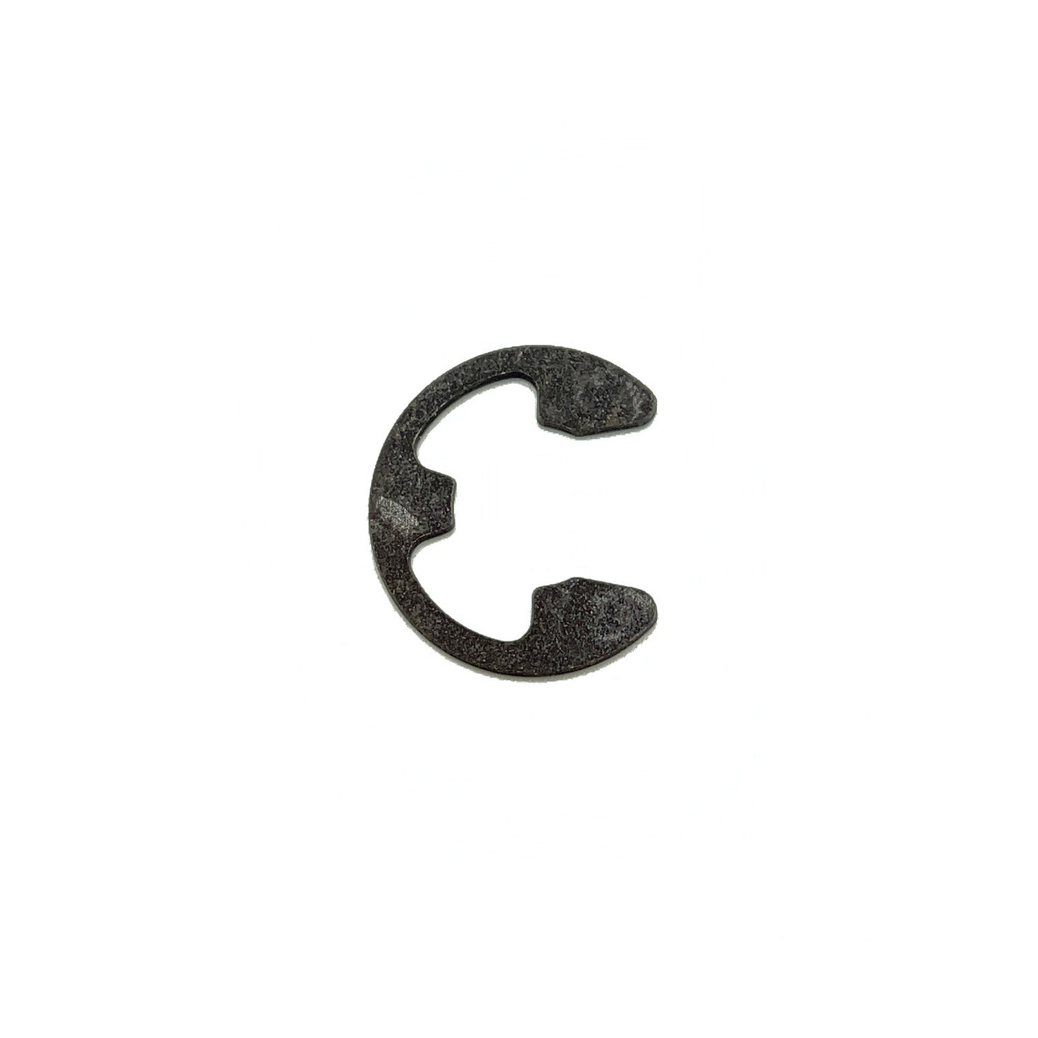 Black steel retaining ring with open-ended circular shape and two inward-facing tabs.
