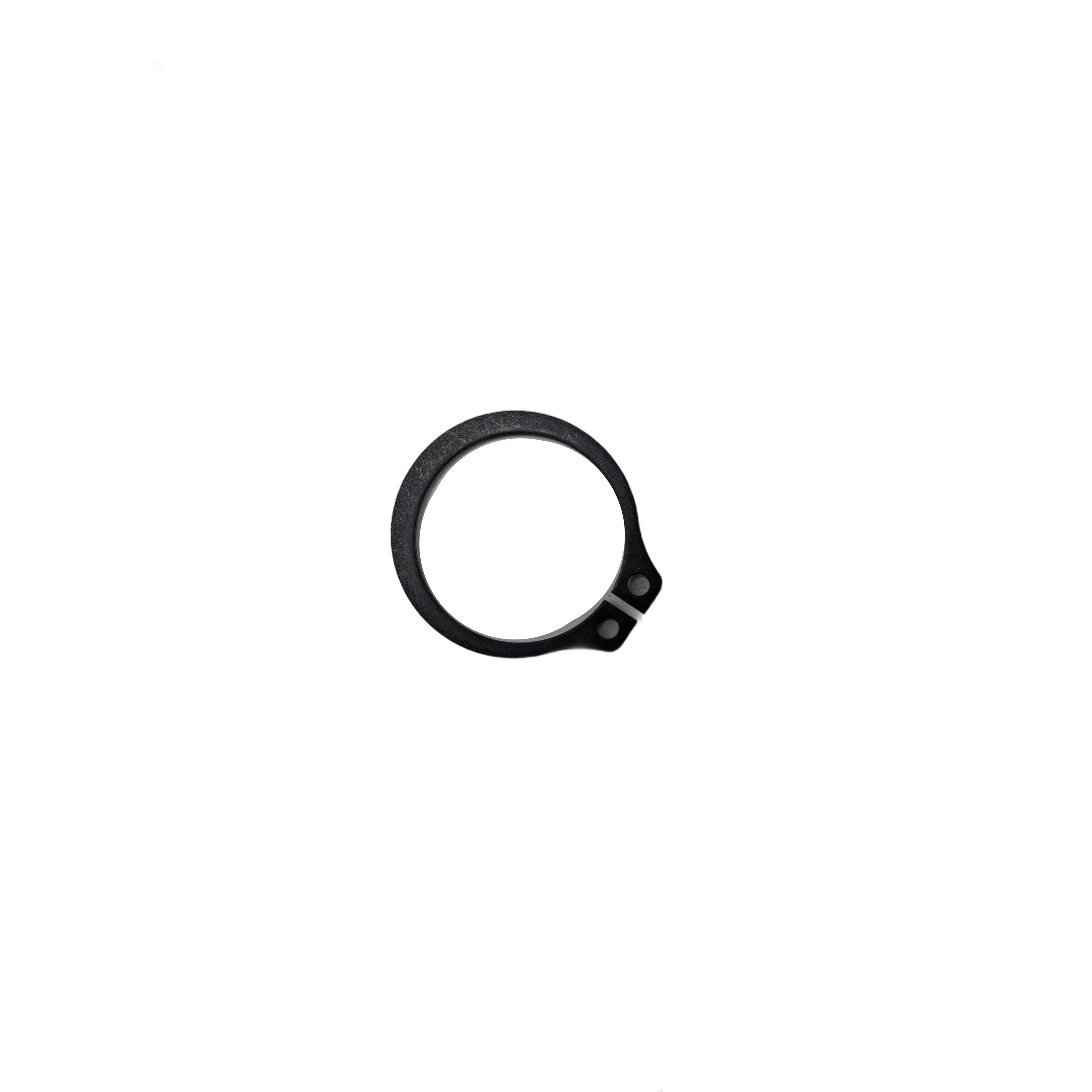 Black metal retaining ring with a small locking tab and hole for secure fastening.
