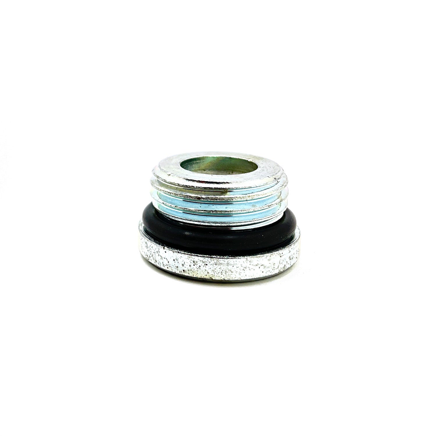 Silver metal hollow oil fill plug with external threading and black rubber gasket ring.