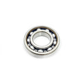Silver metal ball bearing with exposed steel balls and smooth inner and outer rings.
