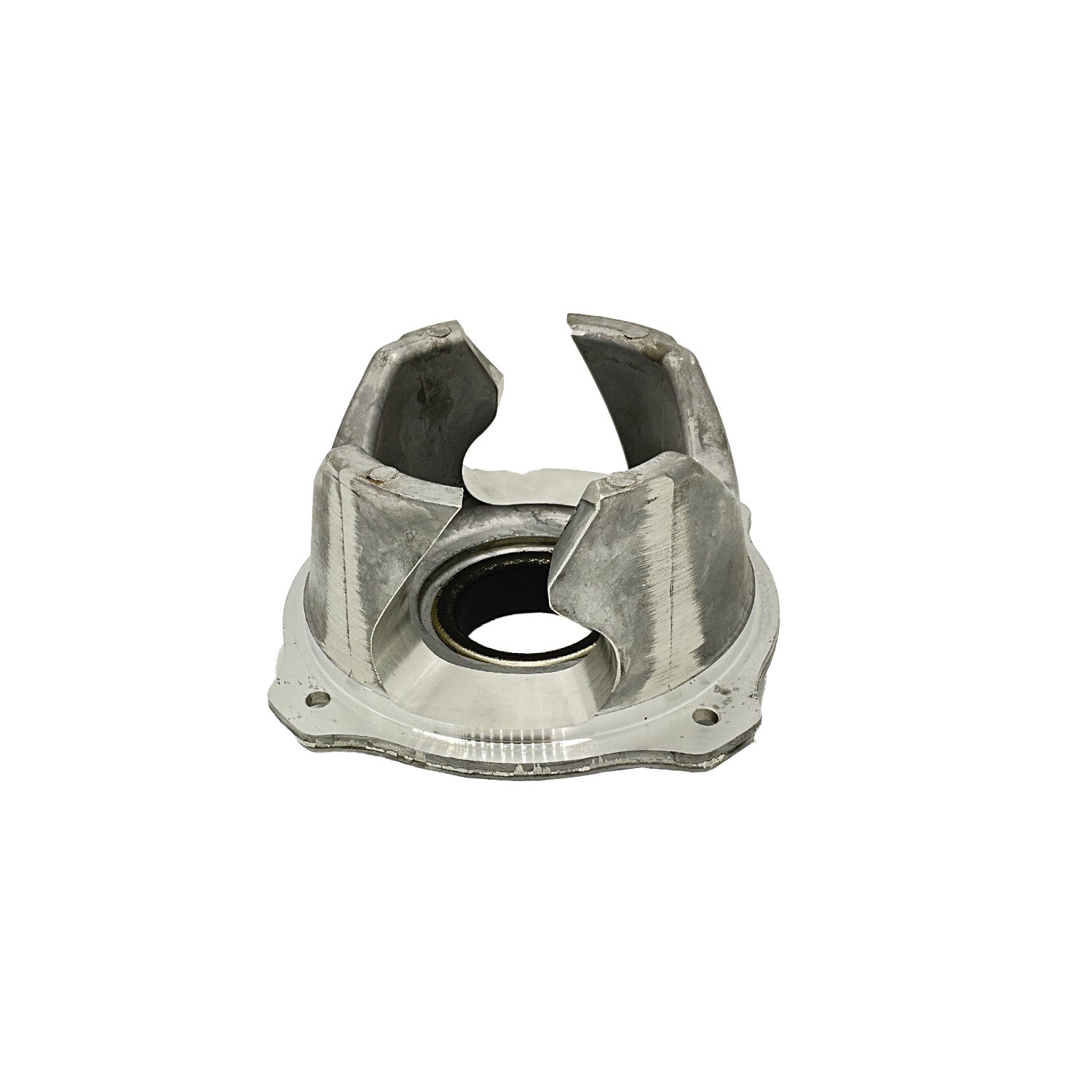 Silver metal cam with circular base and three prongs, featuring a central black rubber seal.