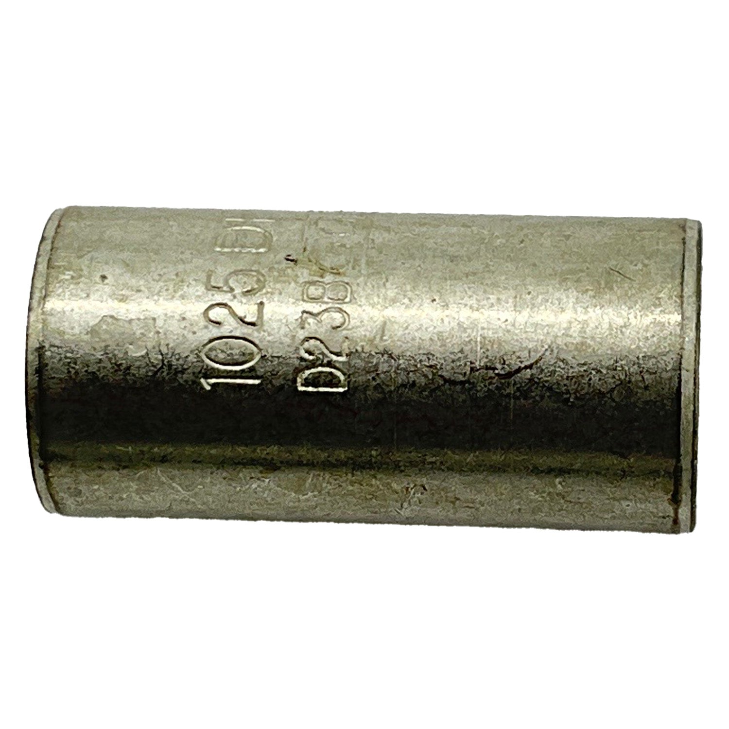 Cylindrical plain bearing with metallic finish, engraved dimensions 10.2 x 12 x 25.