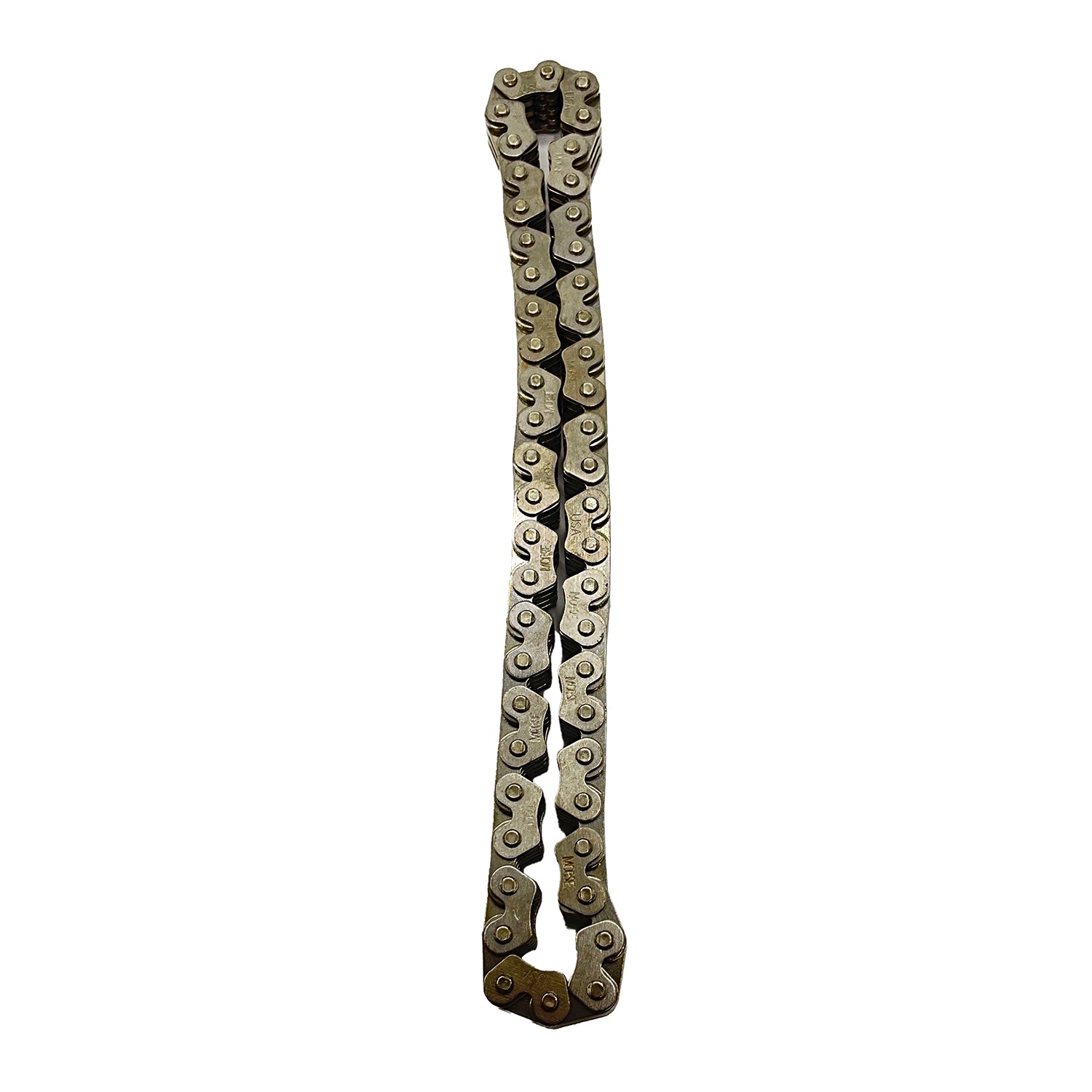Silver metal roller chain with interlocking links in a straight vertical arrangement.