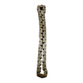 Silver metal roller chain with interlocking links in a straight vertical arrangement.