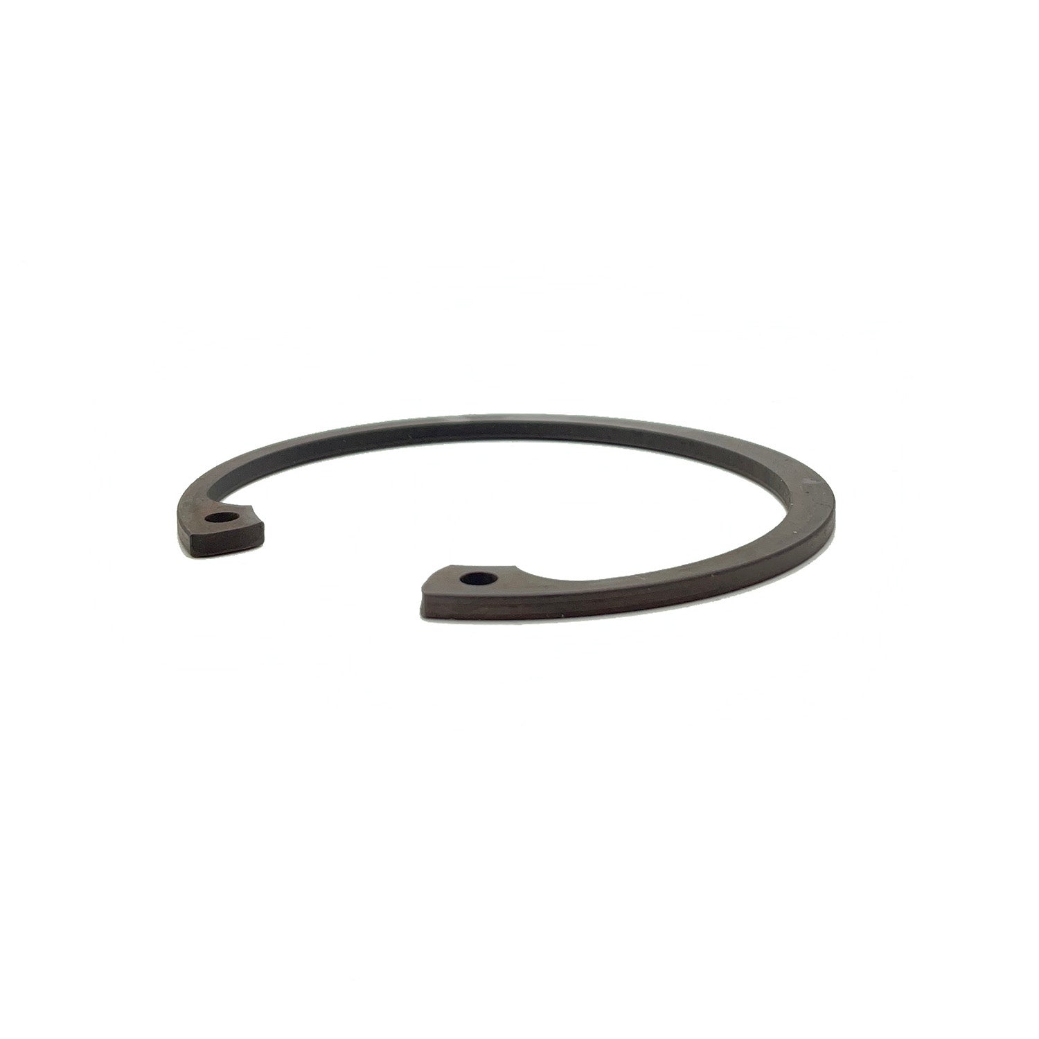 Black metal retaining ring with open-ended circular design and small hole near one end.