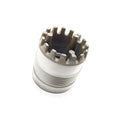 Silver metal snorkel tube with grooved bottom and top teeth-like notches.