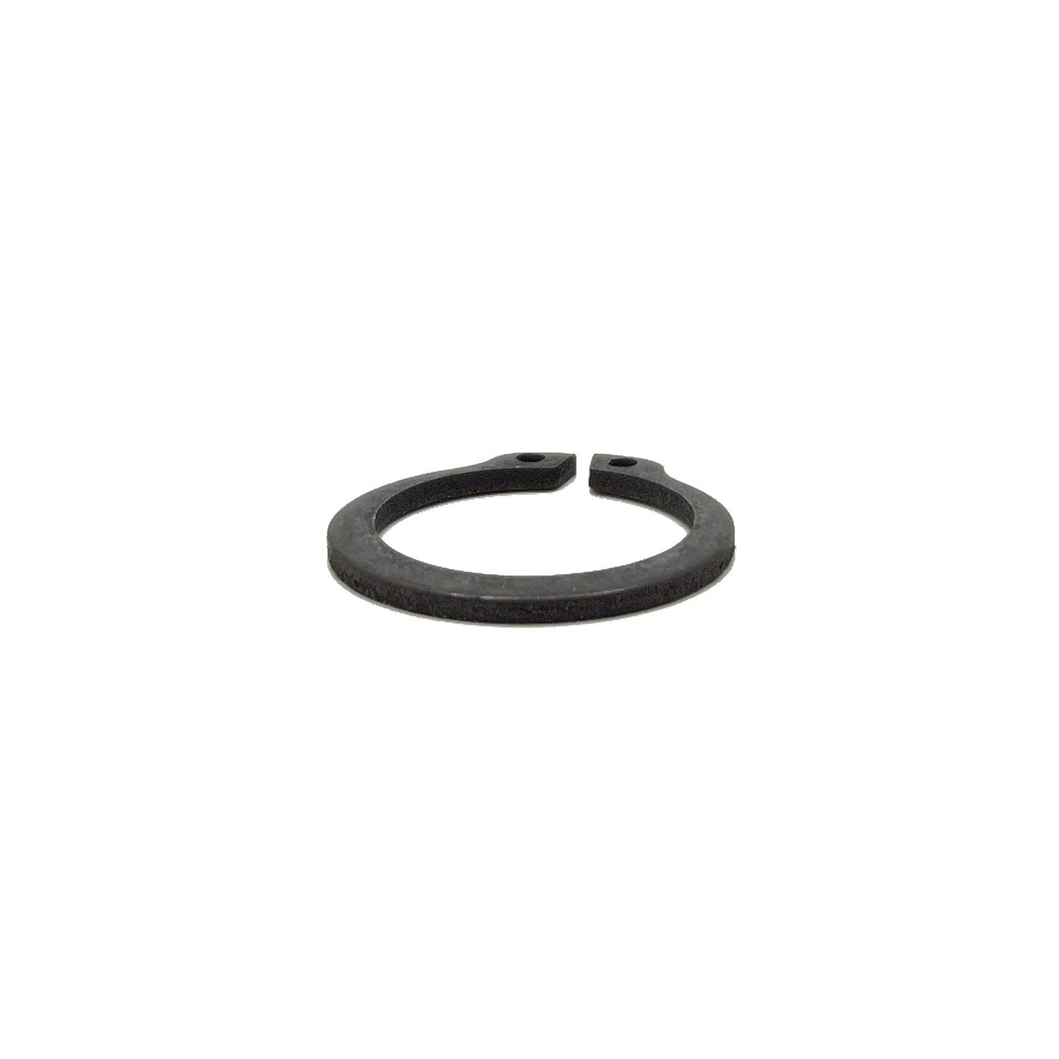 Black metal external retaining ring with open-ended circular design.
