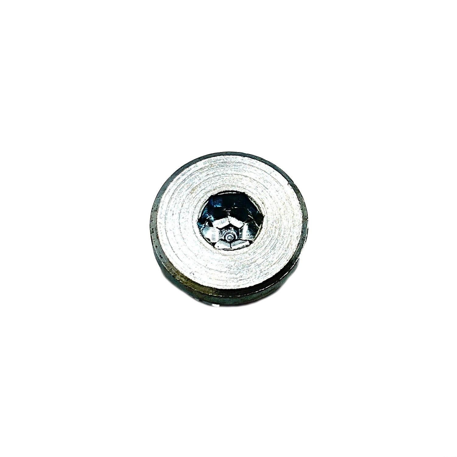 Silver metal magnetic drain plug with hexagonal socket head and threaded body.