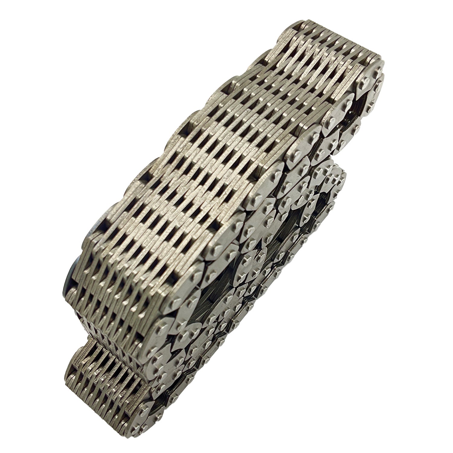 Silver metal chain with 3/8 inch pitch, 1.25 inch width, and 86 link length.