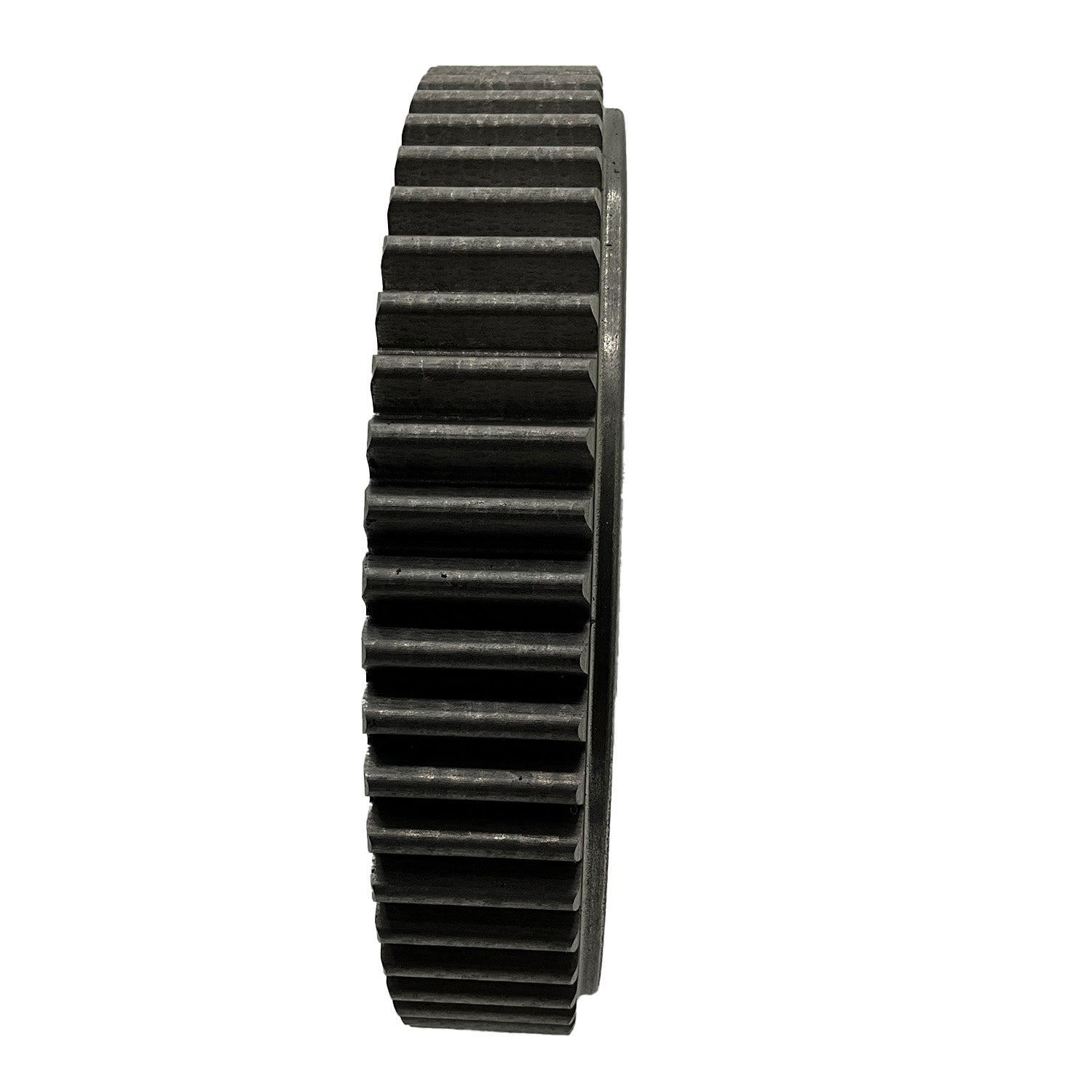 Black circular gear with evenly spaced teeth around the edge, made of durable metal.