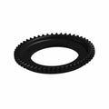 Black metal circular gear with evenly spaced teeth around the outer edge and a large central hole.