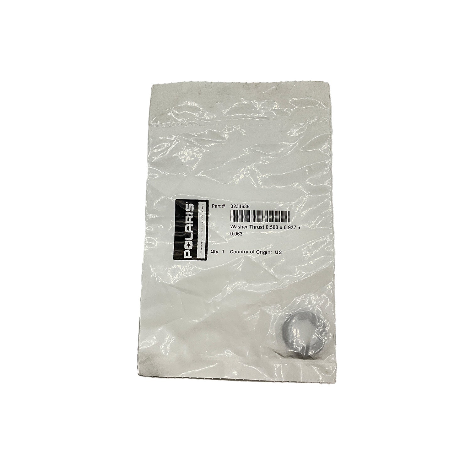 Clear plastic bag containing a single metal washer labeled Polaris Washer Thrust with barcode and part information on the.
