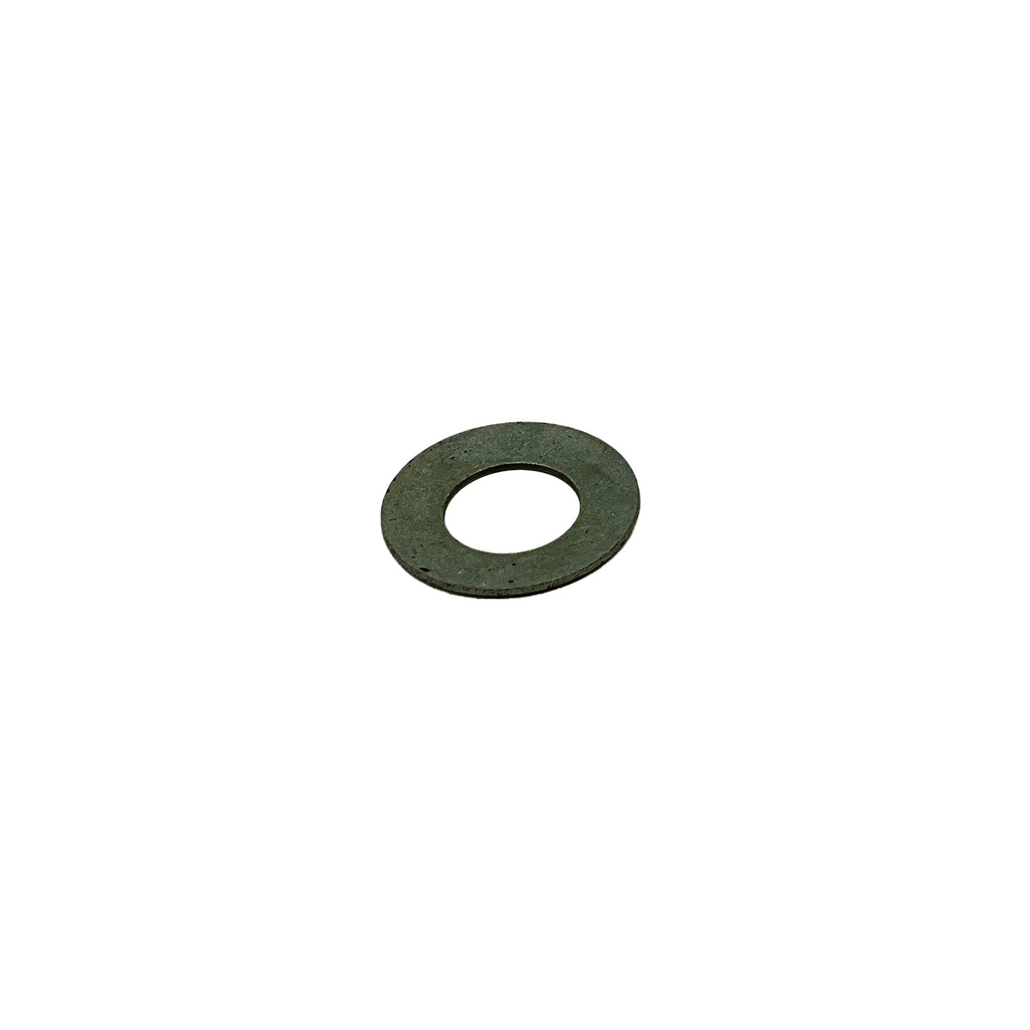 Small round metallic washer with a flat surface and central hole, dark gray finish.