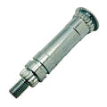 Metal Bellcrank shift shaft with threaded end and gear-like ridges on wide tip, silver finish.