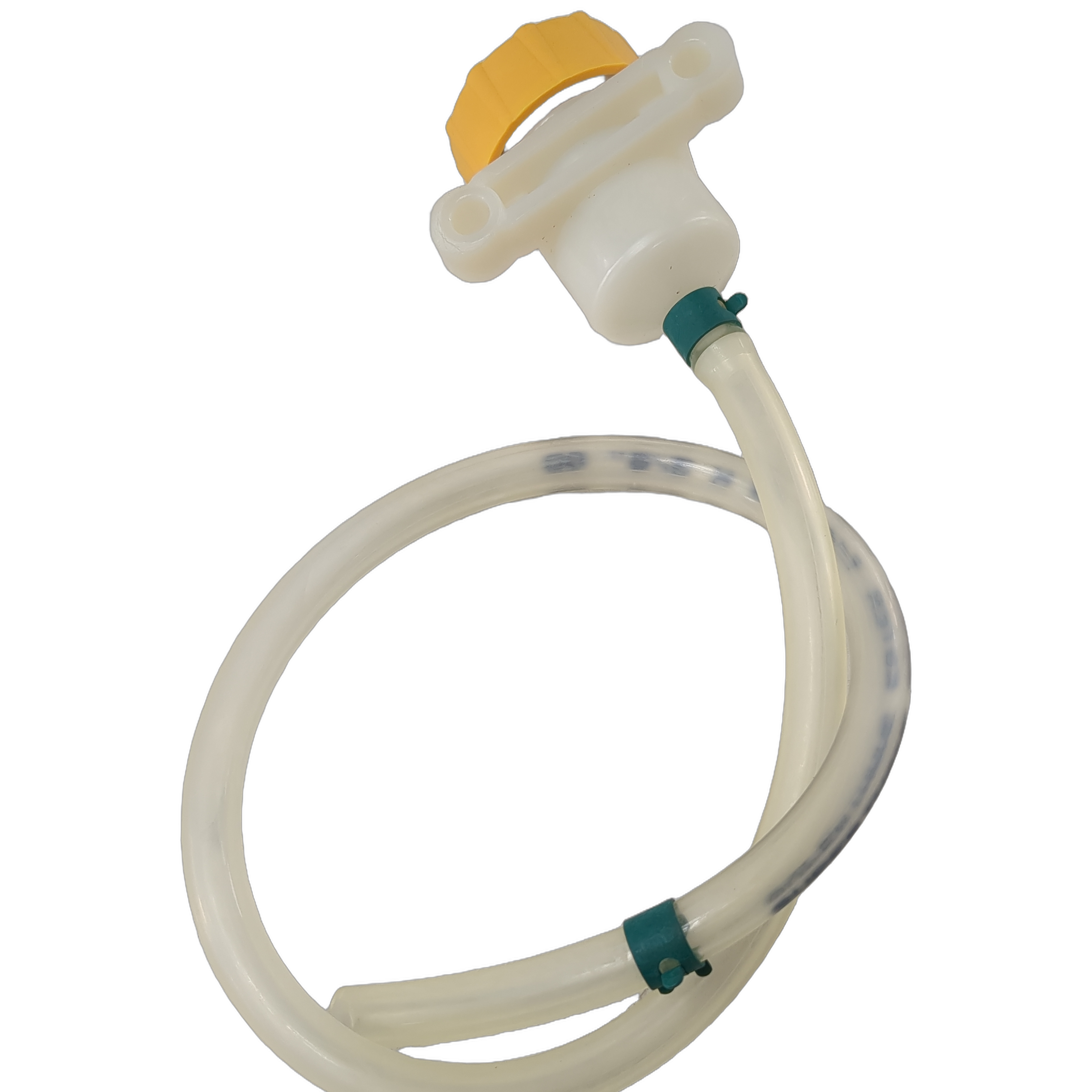 White flexible plastic reservoir tube with yellow screw cap and mounting bracket.