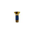 Gold-toned metal patch screw with blue thread-locking compound on threaded shaft.