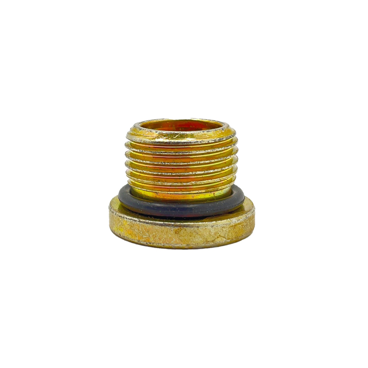 Brass M18 x 1.5 threaded plug with integrated black rubber O-ring seal.