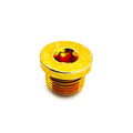 Gold-colored metal socket head plug with threaded body and star-shaped drive recess.
