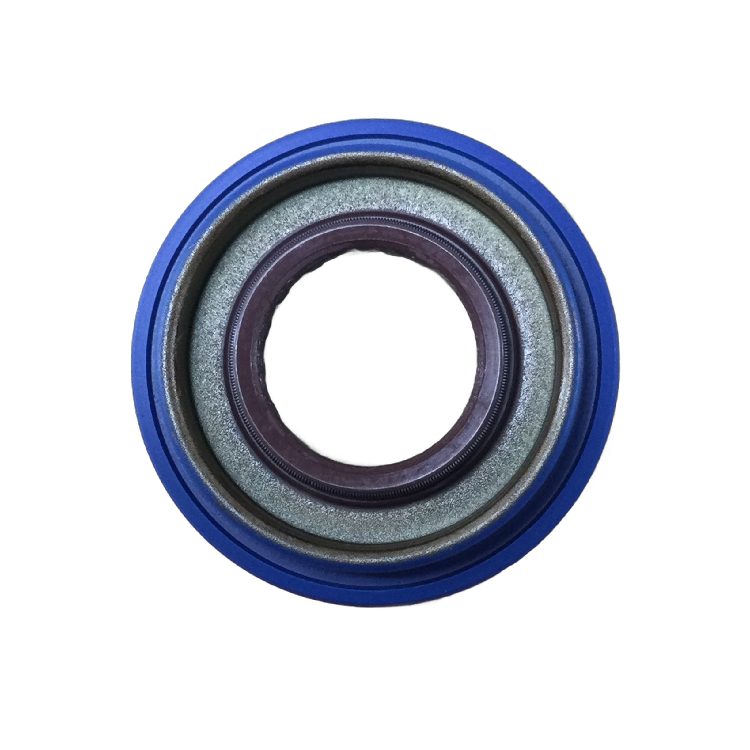 A close-up of the Gear Case Seal by Polaris shows a blue outer ring, metallic inner ring, and dark brown center on white—an essential accessory engineered for optimal ATV performance.